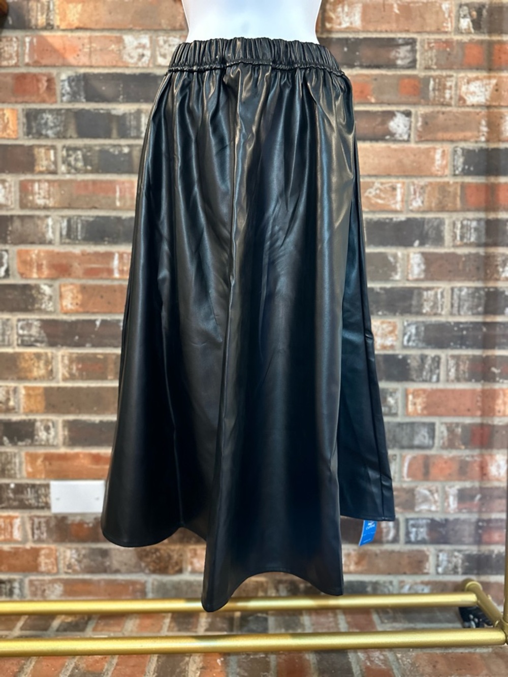 Black Faux Leather A-Line Midi Skirt